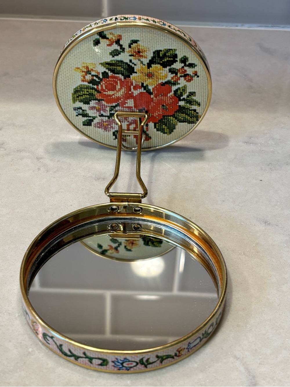 Vintage Floral double Hand Mirror compact with stand faux Needlepoint Cover